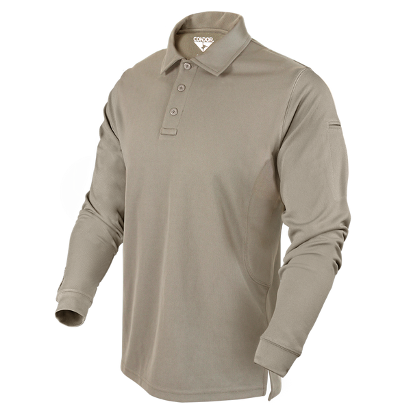 The Condor Long Sleeve Performance Tactical Polo in tan features a three-button placket and the Condor logo inside the collar—shown on an invisible mannequin. Perfect for law enforcement or EDC. On SALE now!.