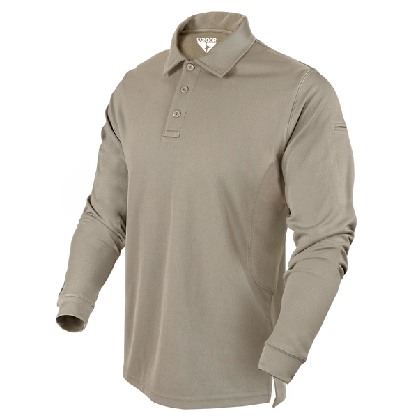 The Condor Long Sleeve Performance Tactical Polo in tan features a three-button placket and the Condor logo inside the collar—shown on an invisible mannequin. Perfect for law enforcement or EDC. On SALE now!.