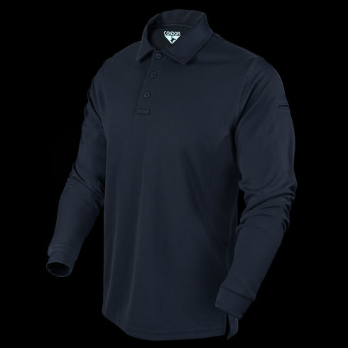The Condor Long Sleeve Performance Tactical Polo features a collar, chest buttons, and a tactical design in black, displayed on a plain background.