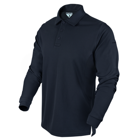 The Condor Long Sleeve Performance Tactical Polo features a collar, chest buttons, and a tactical design in black, displayed on a plain background.