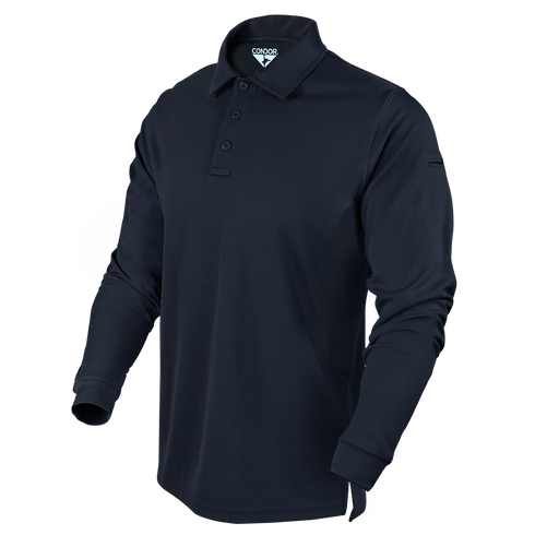 The Condor Long Sleeve Performance Tactical Polo features a collar, chest buttons, and a tactical design in black, displayed on a plain background.