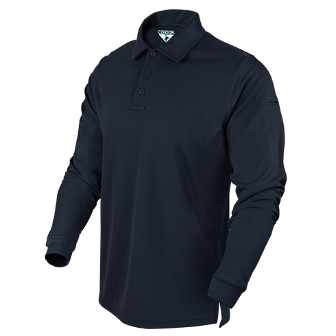 The Condor Long Sleeve Performance Tactical Polo features a collar, chest buttons, and a tactical design in black, displayed on a plain background.