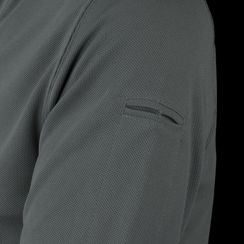 Close-up of the Condor Long Sleeve Performance Tactical Polo in dark gray, highlighting its textured fabric and a small horizontal pocket or pen slot near the shoulder.