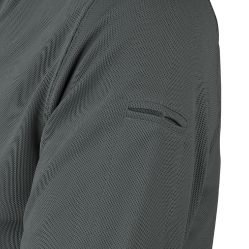 Close-up of the Condor Long Sleeve Performance Tactical Polo in dark gray, highlighting its textured fabric and a small horizontal pocket or pen slot near the shoulder.