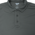 A close-up of a gray Condor Long Sleeve Performance Tactical Polo featuring a collar, three buttons, and visible brand labeling inside the neckline.