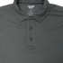 A close-up of a gray Condor Long Sleeve Performance Tactical Polo featuring a collar, three buttons, and visible brand labeling inside the neckline.