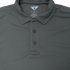 A close-up of a gray Condor Long Sleeve Performance Tactical Polo featuring a collar, three buttons, and visible brand labeling inside the neckline.