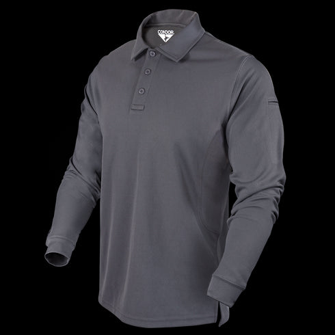 The Condor Long Sleeve Performance Tactical Polo in dark gray features a three-button placket and is displayed on a plain background.
