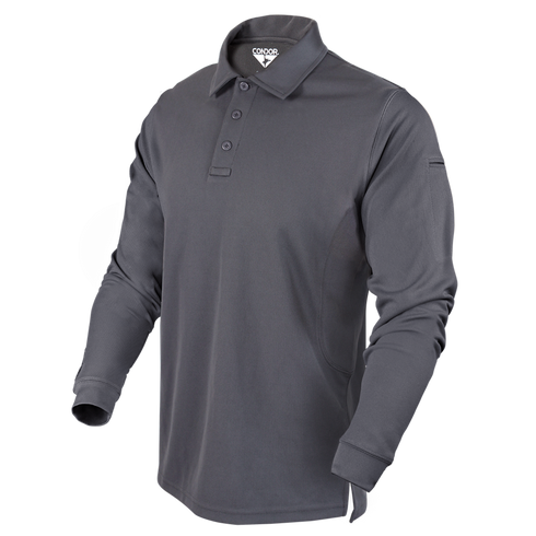 The Condor Long Sleeve Performance Tactical Polo in dark gray features a three-button placket and is displayed on a plain background.