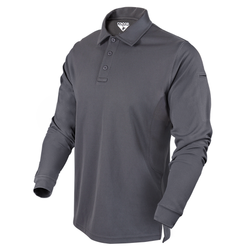 The Condor Long Sleeve Performance Tactical Polo in dark gray features a three-button placket and is displayed on a plain background.