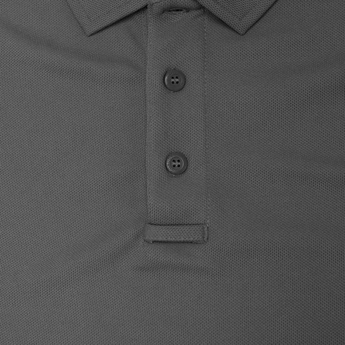 Close-up of the Condor Long Sleeve Performance Tactical Polo | SALE in dark grey, ideal for the shooting range. Features include a collar, two fastened buttons, one unfastened, and textured fabric.