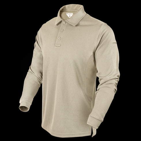 The Condor Long Sleeve Performance Tactical Polo in beige features three buttons and a collar, delivering a smart, tactical look ideal for casual wear or law enforcement duty. Shown on a plain white background.