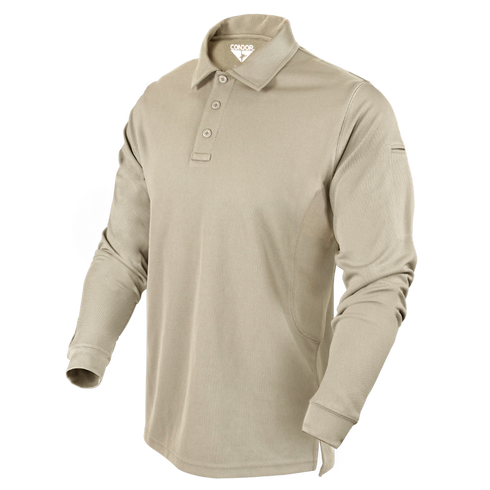 The Condor Long Sleeve Performance Tactical Polo in beige features three buttons and a collar, delivering a smart, tactical look ideal for casual wear or law enforcement duty. Shown on a plain white background.