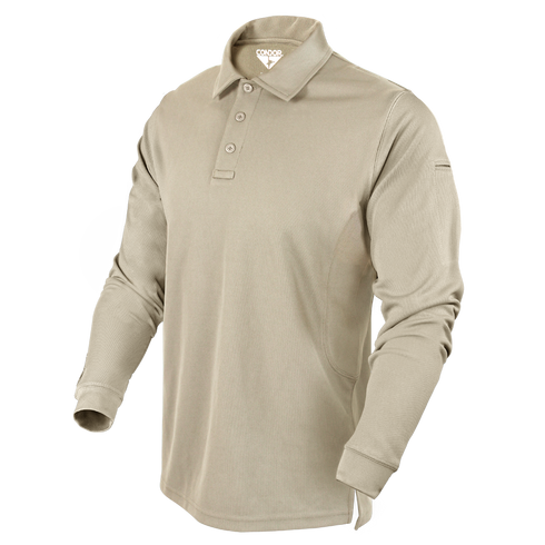 The Condor Long Sleeve Performance Tactical Polo in beige features three buttons and a collar, delivering a smart, tactical look ideal for casual wear or law enforcement duty. Shown on a plain white background.