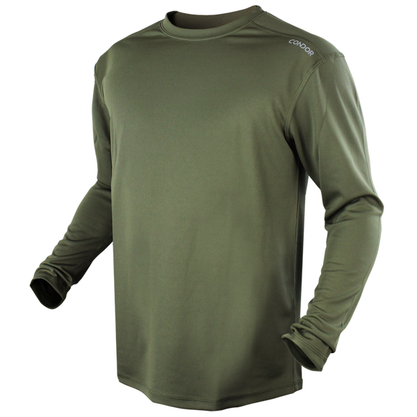 The Maxfort Long Sleeve Training Top by Condor in olive green features a crew neck and a CONDOR logo on the right shoulder, shown on a plain white background.