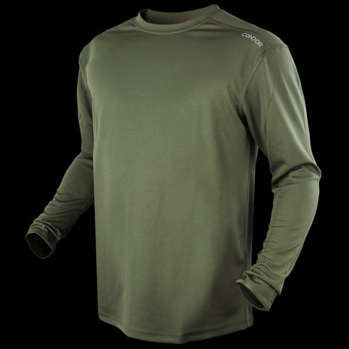 The Condor Maxfort Long Sleeve Training Top in olive green features a crew neck and CONDOR printed on the left shoulder—ideal for military use or days at the shooting range, shown against a plain background.
