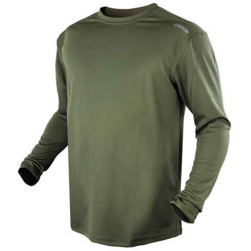 The Condor Maxfort Long Sleeve Training Top in olive green features a crew neck and CONDOR printed on the left shoulder—ideal for military use or days at the shooting range, shown against a plain background.