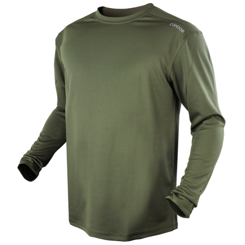 The Condor Maxfort Long Sleeve Training Top in olive green features a crew neck and CONDOR printed on the left shoulder—ideal for military use or days at the shooting range, shown against a plain background.