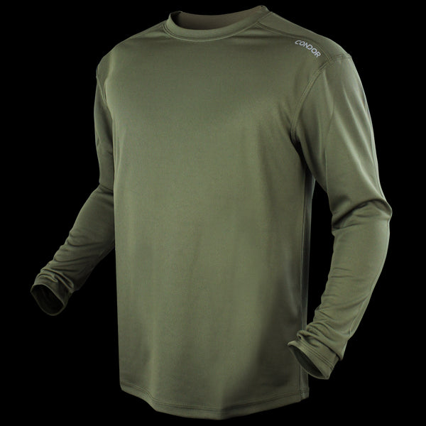 The Condor Maxfort Long Sleeve Training Top in olive green features a crew neck and CONDOR printed on the left shoulder—ideal for military use or days at the shooting range, shown against a plain background.