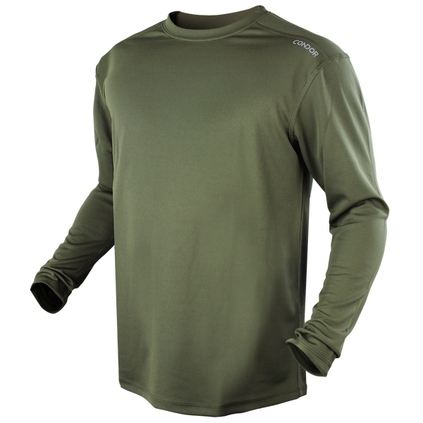 The Condor Maxfort Long Sleeve Training Top in olive green features a crew neck and CONDOR printed on the left shoulder—ideal for military use or days at the shooting range, shown against a plain background.