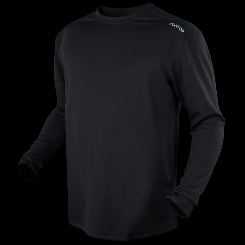 The Condor Maxfort Long Sleeve Training Top is a black athletic shirt with a crew neck and CONQUOR printed on the left shoulder—perfect for military training or shooting range sessions.
