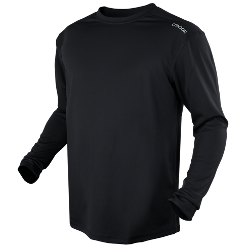 The Condor Maxfort Long Sleeve Training Top is a black athletic shirt with a crew neck and CONQUOR printed on the left shoulder—perfect for military training or shooting range sessions.