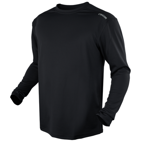 The Condor Maxfort Long Sleeve Training Top is a black athletic shirt with a crew neck and CONQUOR printed on the left shoulder—perfect for military training or shooting range sessions.