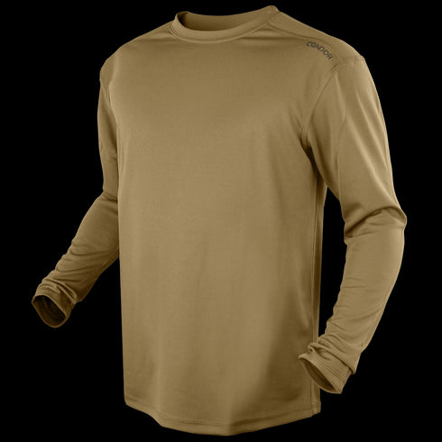 The Condor Maxfort Long Sleeve Training Top is a tan athletic shirt with a crew neck and CONDOR branding near the left shoulder, perfect for EDC or military use.