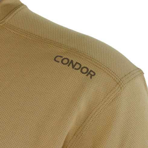 Close-up of a tan mesh Maxfort Long Sleeve Training Top by Condor, featuring CONDOR in black near the shoulder—perfect for law enforcement or EDC use.