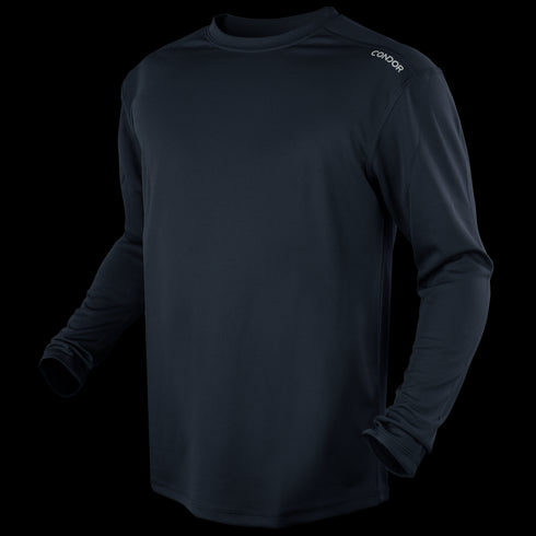 The Condor Maxfort Long Sleeve Training Top is a plain black athletic shirt with Condor in small white text on the left shoulder—perfect for EDC or law enforcement professionals who value comfort and subtle style.