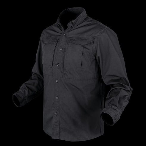 The Condor Tac-Pro Shirt | SALE is a black, long-sleeve, button-up tactical shirt with two chest pockets, shown on an invisible mannequin against a white background.