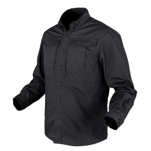The Condor Tac-Pro Shirt | SALE is a black, long-sleeve, button-up tactical shirt with two chest pockets, shown on an invisible mannequin against a white background.