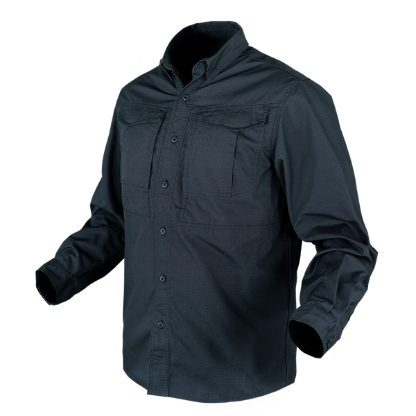 The Condor Tac-Pro Shirt | SALE is a black, long-sleeve button-up with two chest pockets, displayed on a plain white background.