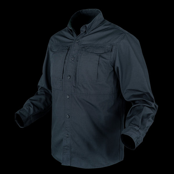 The Tac-Pro Shirt by Condor, a dark tactical long-sleeve button-up with a collar and two chest pockets, is shown on a white background.