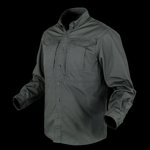 The Condor Tac-Pro Shirt | SALE is a long-sleeve, button-up dark gray tactical shirt with two chest pockets, shown on a plain background.