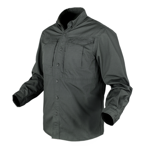 The Condor Tac-Pro Shirt | SALE is a long-sleeve, button-up dark gray tactical shirt with two chest pockets, shown on a plain background.