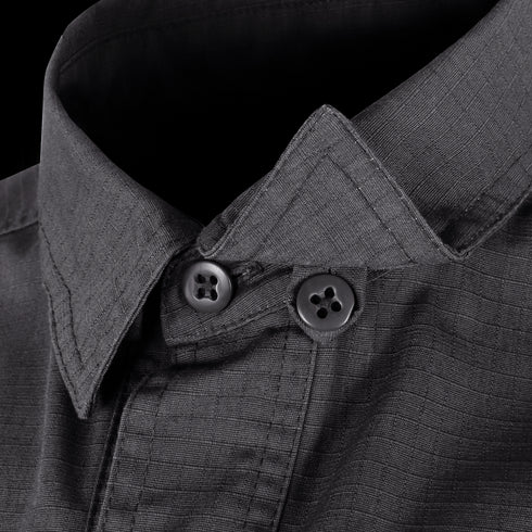 Close-up of the Condor Tac-Pro Shirt | SALE in dark grey, featuring visible stitching and two collar buttons—engineered for military and law enforcement use.