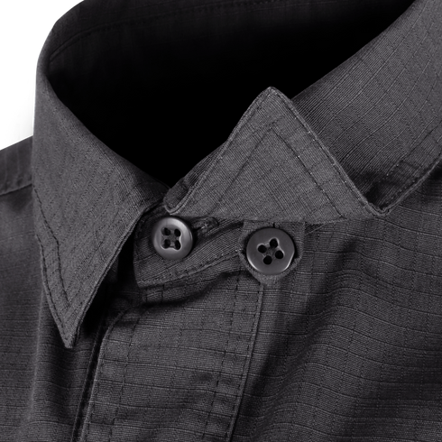 Close-up of the collar on the Condor Tac-Pro Shirt, featuring textured black fabric and two visible black buttons.