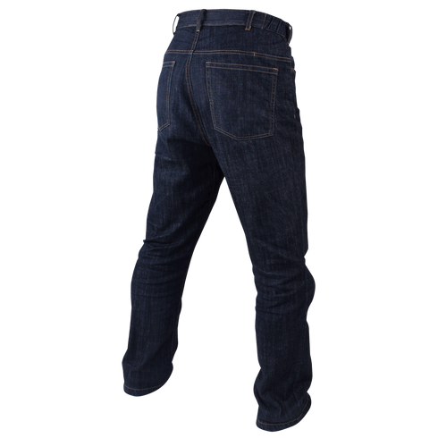 A person wearing Condor Cipher Jeans in dark blue denim, shown from the back with visible back pockets and brown stitching—ideal for off-duty law enforcement or first responders who value comfort and durability.
