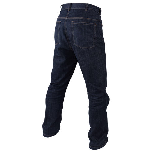 A person wearing Condor Cipher Jeans in dark blue denim, shown from the back with visible back pockets and brown stitching—ideal for off-duty law enforcement or first responders who value comfort and durability.