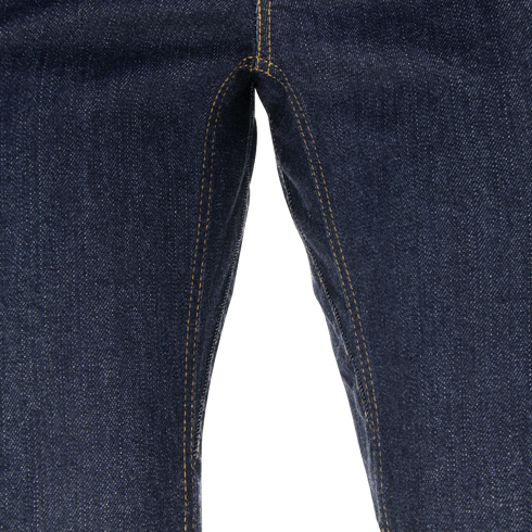 Close-up view of the inner thigh and crotch area of Cipher Jeans by Condor in dark blue denim with yellow stitching, popular among Military and Law Enforcement for their durability.