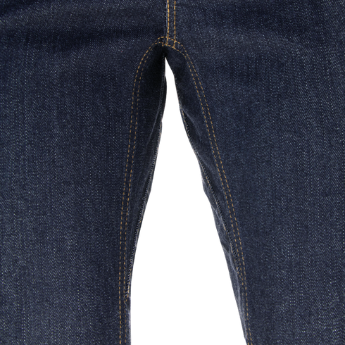 Close-up view of the inner thigh and crotch area of Cipher Jeans by Condor in dark blue denim with yellow stitching, popular among Military and Law Enforcement for their durability.