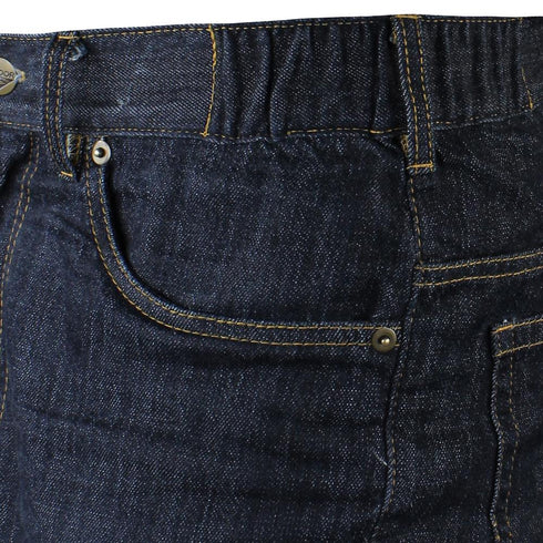 Close-up of the front pocket area of Condor Cipher Jeans | SALE in dark blue denim with yellow stitching and metal rivets, designed for durability to meet law enforcement and first responder demands.