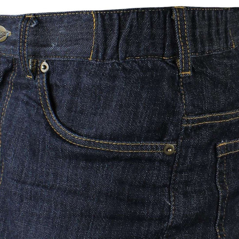 Close-up of the front pocket area of Condor Cipher Jeans | SALE in dark blue denim with yellow stitching and metal rivets, designed for durability to meet law enforcement and first responder demands.