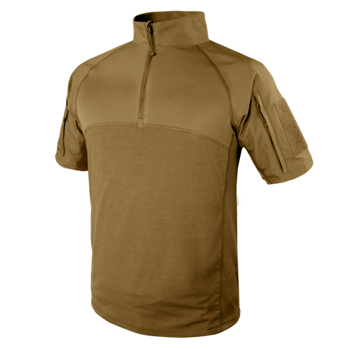 The Condor Short Sleeve Combat Shirt (tan) features a quarter-zip front, high collar, and left sleeve Velcro patch—perfect for bushcraft or military-inspired EDC—shown on a plain background. Now on SALE.