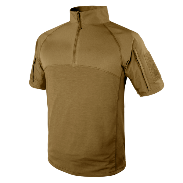 The Condor Short Sleeve Combat Shirt (tan) features a quarter-zip front, high collar, and left sleeve Velcro patch—perfect for bushcraft or military-inspired EDC—shown on a plain background. Now on SALE.