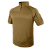 The Condor Short Sleeve Combat Shirt (tan) features a quarter-zip front, high collar, and left sleeve Velcro patch—perfect for bushcraft or military-inspired EDC—shown on a plain background. Now on SALE.