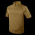 The Condor Short Sleeve Combat Shirt (tan) features a quarter-zip front, high collar, and left sleeve Velcro patch—perfect for bushcraft or military-inspired EDC—shown on a plain background. Now on SALE.