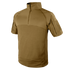 The Condor Short Sleeve Combat Shirt (tan) features a quarter-zip front, high collar, and left sleeve Velcro patch—perfect for bushcraft or military-inspired EDC—shown on a plain background. Now on SALE.