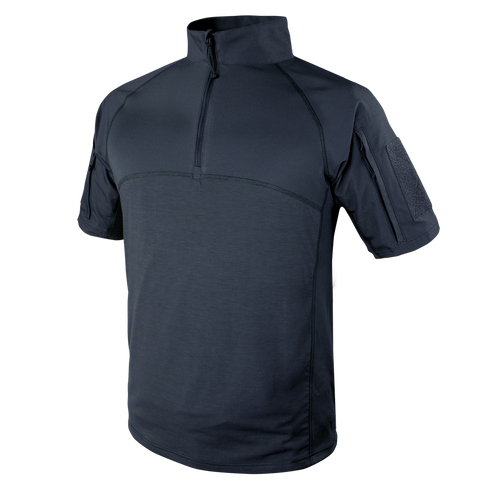 The Condor Short Sleeve Combat Shirt | SALE features a zip-up collar and velcro sleeve patches—perfect for EDC or range days—shown in dark navy on a plain white background.
